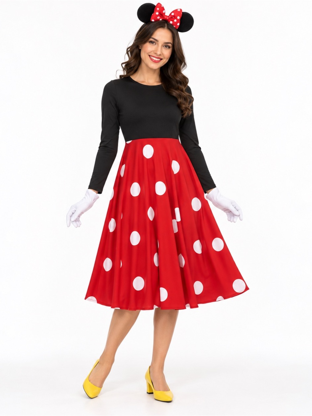 Minnie Mouse Inspired Red Polka Dot Black Long Sleeve Costume Dress size Medium
